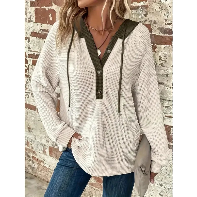 Plus Size 1XL-5XL Women's Solid Color Waffle Hooded Long Sleeve Sweater Loose Fit Button Detail  Fashion Top
