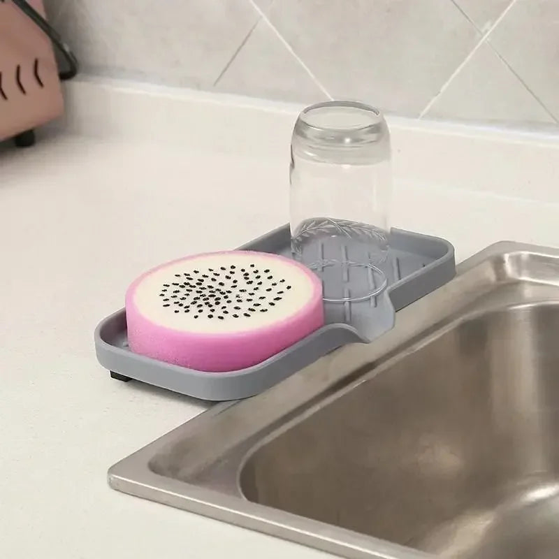 Multifunctional Silicone Sink Tray with Drain - Soap Holder, Sponge & Brush Organizer for Kitchen & Bathroom