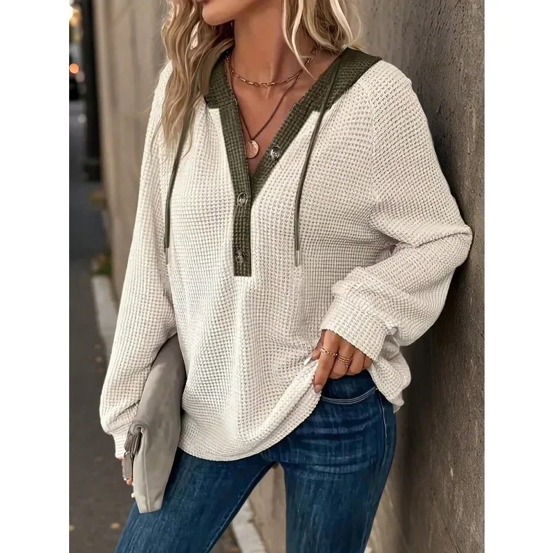 Plus Size 1XL-5XL Women's Solid Color Waffle Hooded Long Sleeve Sweater Loose Fit Button Detail  Fashion Top