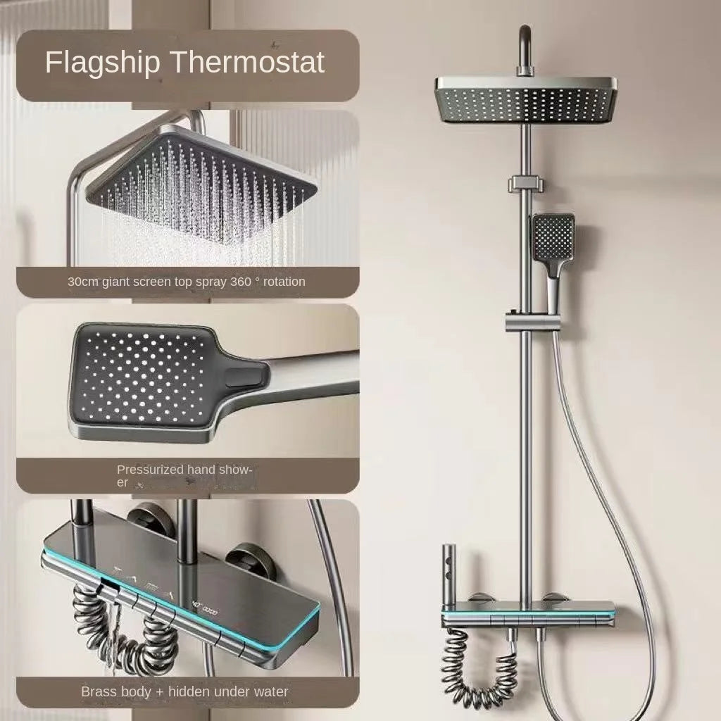 Intelligent Constant Temperature Digital Showerhead Set With LED Ambient Light Air Pressurized Handheld Showerhead Copper Body