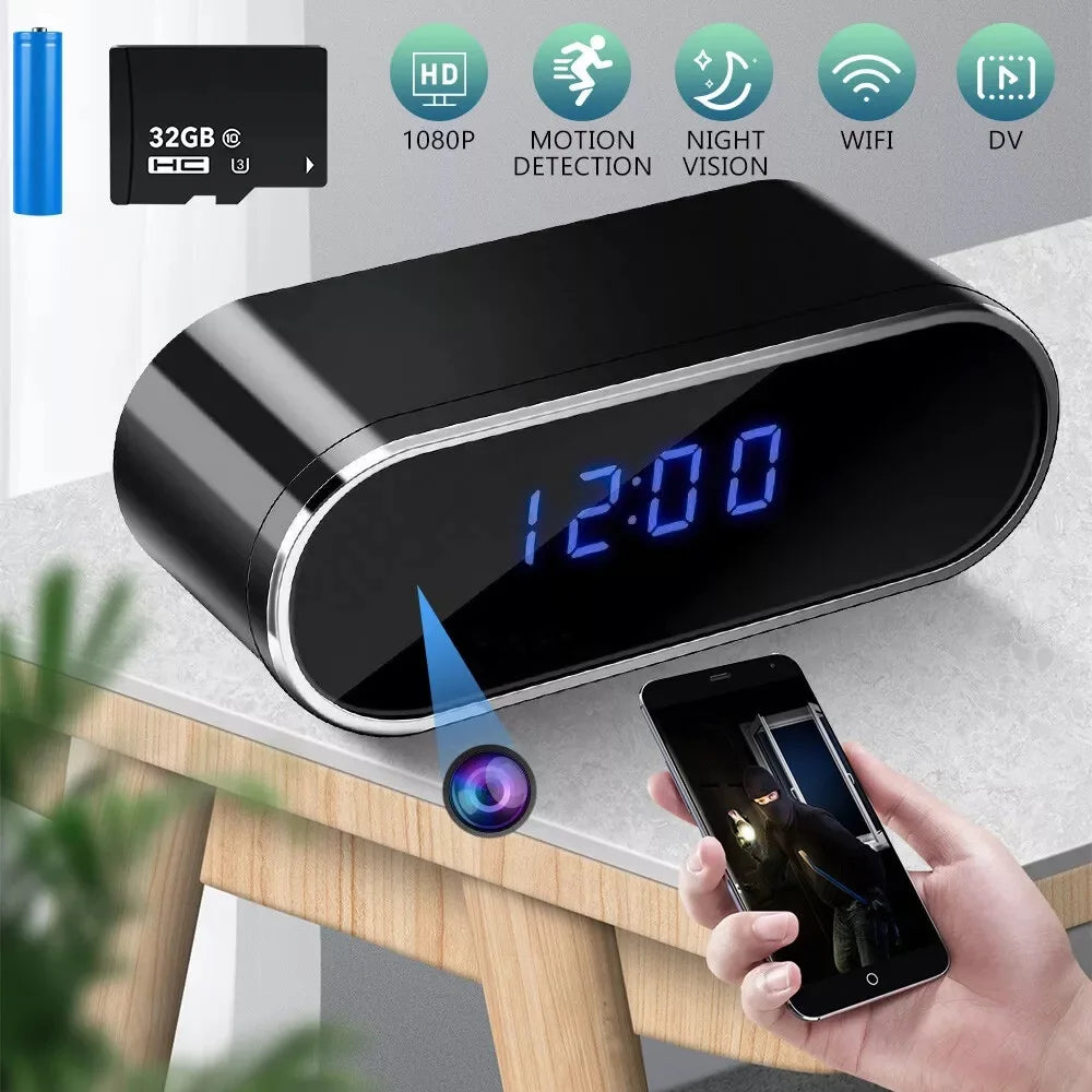 1080P Full HD Mini Clock Camera, Home Security Monitoring, Supports Wireless WiFi, Motion Detection, Loop Recording