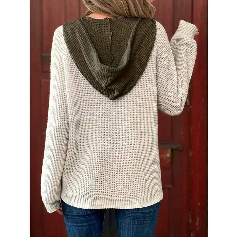 Plus Size 1XL-5XL Women's Solid Color Waffle Hooded Long Sleeve Sweater Loose Fit Button Detail  Fashion Top