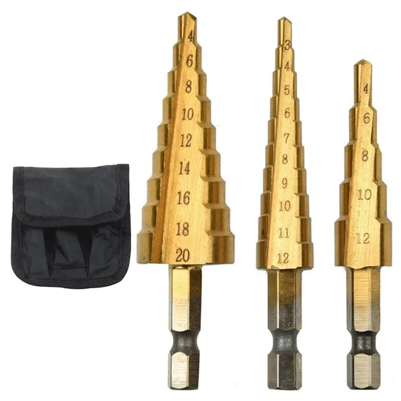 Step Drill Titanium Plated Hexagonal Shank Straight Groove 3-12/4-12/4-20/4-32mm Pagoda Drill Drilling Tool Accessory Set