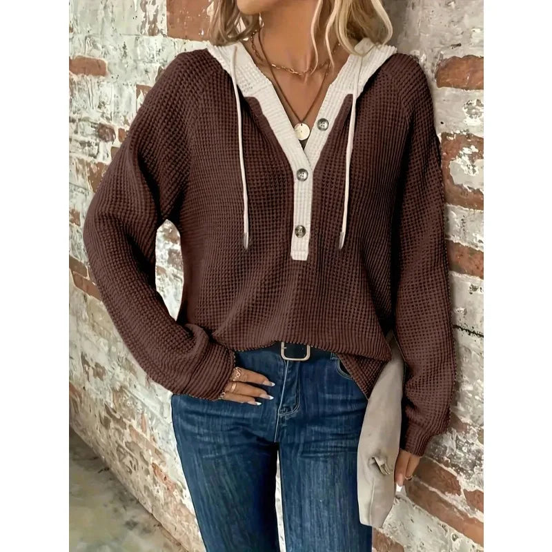 Plus Size 1XL-5XL Women's Solid Color Waffle Hooded Long Sleeve Sweater Loose Fit Button Detail  Fashion Top