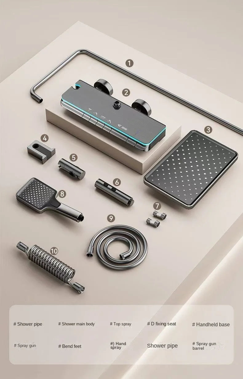 Intelligent Constant Temperature Digital Showerhead Set With LED Ambient Light Air Pressurized Handheld Showerhead Copper Body