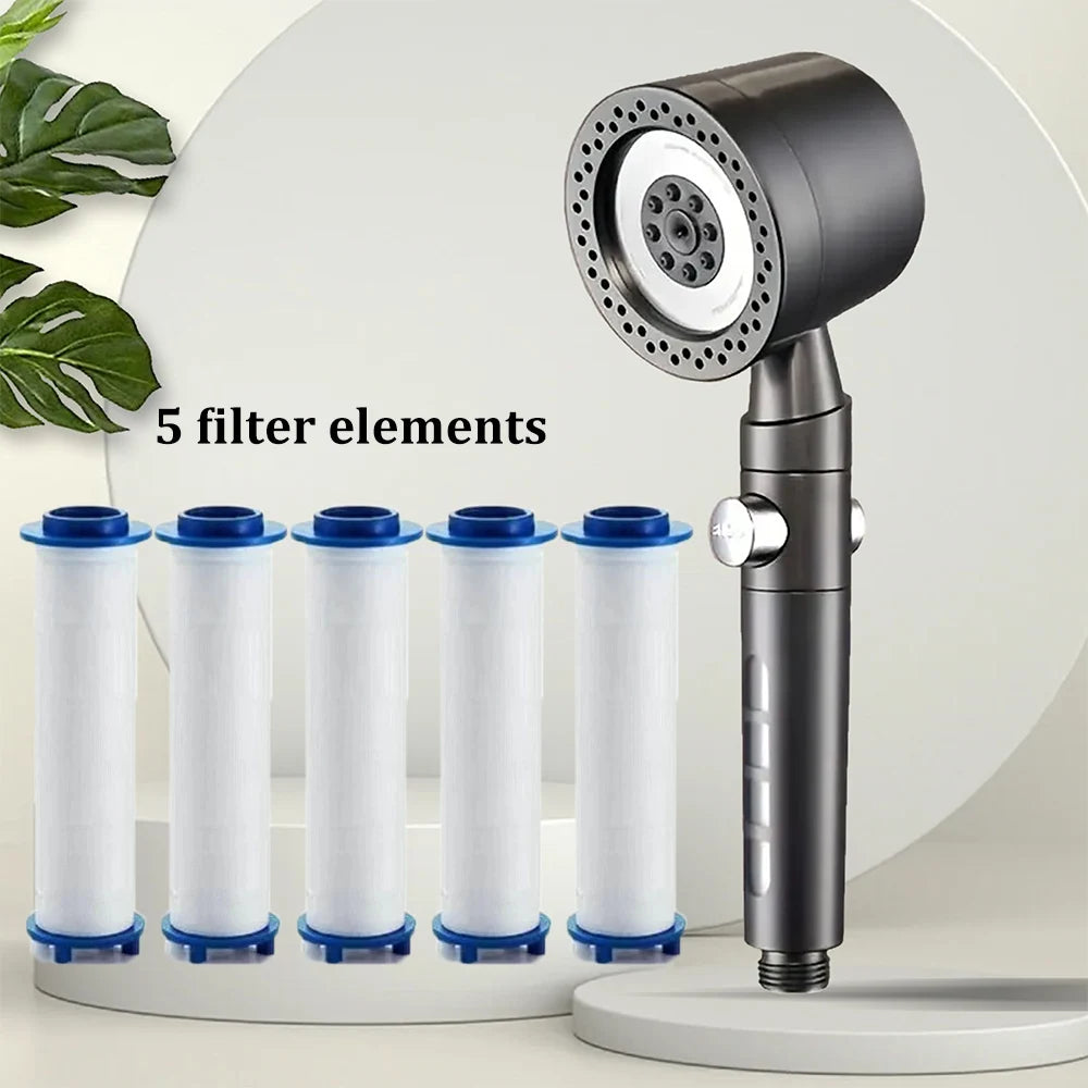 New High Pressure Water Saving Filter Shower Head 5 Modes Handheld Shower Head One Button Stop Bathroom Accessories Set