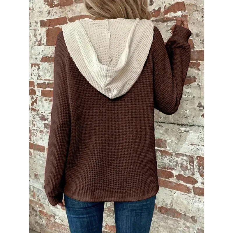 Plus Size 1XL-5XL Women's Solid Color Waffle Hooded Long Sleeve Sweater Loose Fit Button Detail  Fashion Top