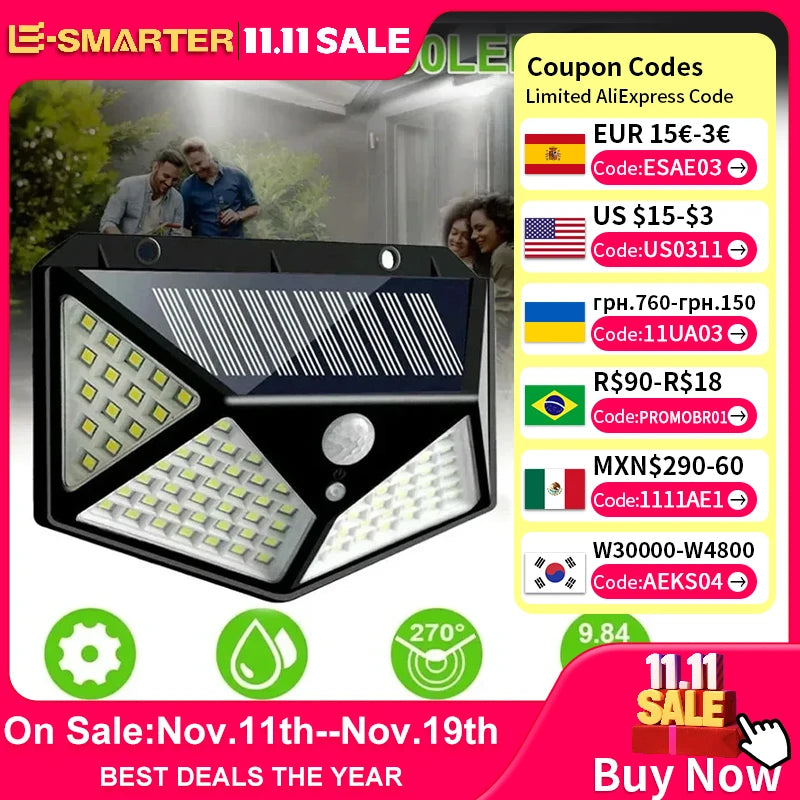 1/2/4/6Pcs 100 LED Wall Lights Outdoor Solar Lamp PIR Motion Sensor Solar Powered Sunlight Street Light for Garden Decoration