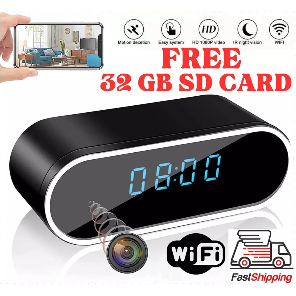 1080P Full HD Mini Clock Camera, Home Security Monitoring, Supports Wireless WiFi, Motion Detection, Loop Recording